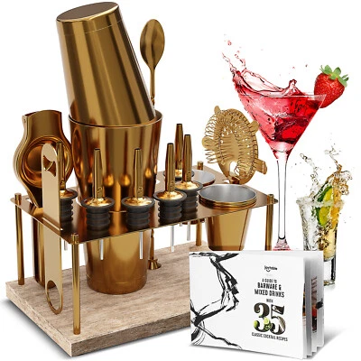 16 Pc+Stand Bartender Kit, Complete Cocktail Shaker Bar Tools Set & Recipe book - Image 1 of 2