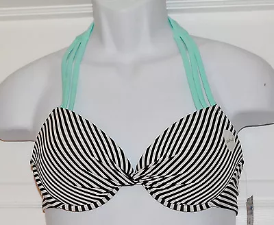 California Waves Black White Push Up Striped Halter Bikini Top Sz L (BT) - Image 1 of 2