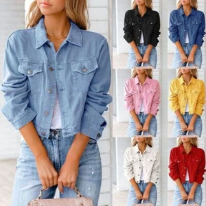 Womens Denim Jacket Ladies Casual Stretch Button Up Classic Casual Jeans Coat UK - Picture 1 of 21