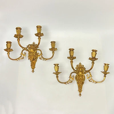 Pair Antique Neoclassical Renaissance Gilt Bronze 4-Light Sconces / Wall Lights - Image 1 of 4