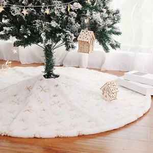 Christmas Tree Skirt, 48 Inch Faux Fur White Tree Skirt with Golden Snowflakes - Picture 1 of 5