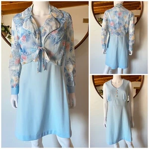 VTG 70'S BABY BLUE SLEEVELESS DRESS + SEMI SHEER FLORAL TIE FRONT JACKET M/L - Picture 1 of 12