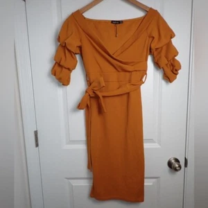 Boohoo Gia Off the Shoulder Sleeve Detail Midi Dress in Amber size 12 - Picture 1 of 10