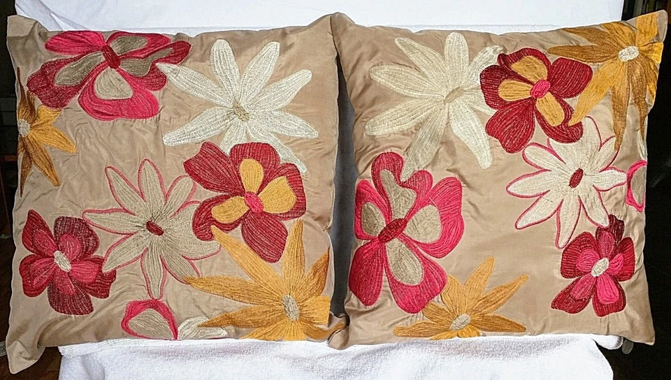 PIER 1 IMPORTS TAN RED GOLD FLORAL EMBROIDERED SQUARE THROW PILLOW 18 X 18 - Image 1 of 4