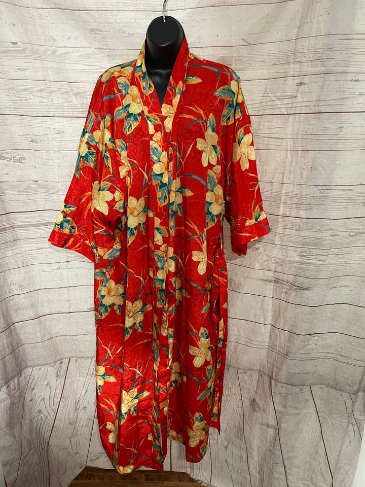 Bata de dormir para mujer Lord & Taylor roja con estampado floral frente abierto talla L Foto 1 de 4