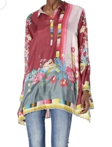 Johnny Was Piani Tunika 100 % Seide Oberteil Blumenmuster bunt Langarm Spitzenbesatz $ 395 - Bild 1 von 9