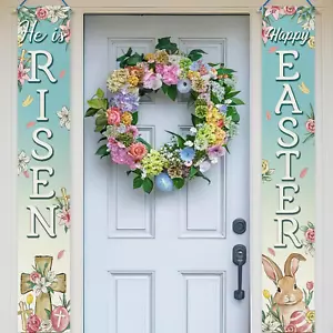 Happy Easter Bunny Rabbit Christian Porch Banner Sign, Religious He Is Risen Cro - Picture 1 of 12
