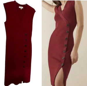 Reiss Dress Women's Large Dark Red Knitted Bodycon Eleni Button Accent Career - Picture 1 of 12