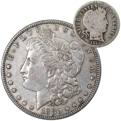 1880 Morgan Dollar XF EF Extremely Fine 90% Silver with 1913 Barber Dime G Good Cover