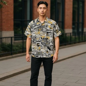 CR-24 Men’s L Shirt Pop Art Comic Print Yellow Black Short Sleeve Chrome Edge - Foto 1 di 9