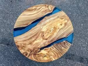 18" Round Live Edge Wood & Blue Epoxy Resin Coffee Table | Custom Accent Table - Picture 1 of 6