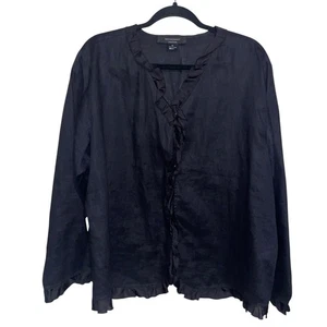 David Dart Shirt Womens Plus Size 1X Black Linen Button Silk Ruffle Lagenlook - Picture 1 of 11