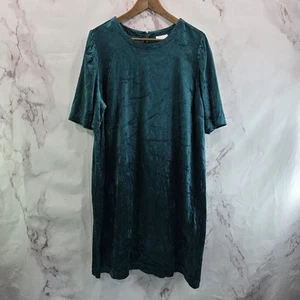 J Jill Dress Womens Large Green Crushed Velvet Shift Keyhole Puff Half Sleeve - Picture 1 of 11