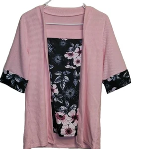 Pink Black Floral Women's Shirt Large NWOT Cute Work Wear Spring Summer - Picture 1 of 10
