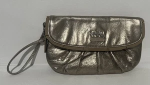 Coach Signature Gold/Silver Metallic Clutch Wristlet Purple Lining Style 43438 - Picture 1 of 11