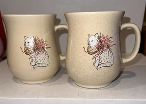Lot of 2 Vintage Cat Mugs Cream Ceramic Coffee Cup Cute Floral Kitty Scarf Retro - Picture 1 of 10