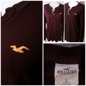 Y2K Hollister Henley Herren L Top T-Shirt Burgund mit Orange Logostickerei Neu - Bild 1 von 11
