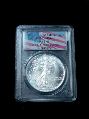 American Silver Eagle 1987 $1 - graduación profesional MS69 World Trade Center 9-11-01 Ground Zero Foto 1 de 4