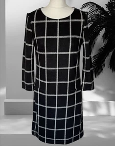 Laura Ashley Size 12 Black White Check 3/4 Sleeve Shift Knit Dress Pockets - Picture 1 of 7