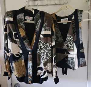 Vintage 1980s Saint Germain Paris 2 Pc Jacket & Vest Small Black Neutrals Floral - Picture 1 of 17