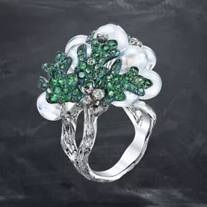 White Chalcedony & Studded Green Columbian Emerald CZ Cocktail Ring 925 Silver - Picture 1 of 5