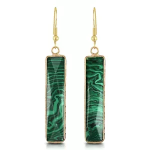Beautiful Green Rectangular Malachite Gold-Plated Silver Dangle Earrings - Picture 1 of 5