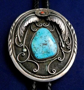 INDIANER STERLING gestempelt gewölbt TÜRKIS & KORALLE Vintage BOLO TIE - Bild 1 von 3