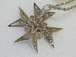 Vintage Sterling Silver Pendant Necklace 925 Filigree Star Flower Cross 7.65g - Picture 1 of 11