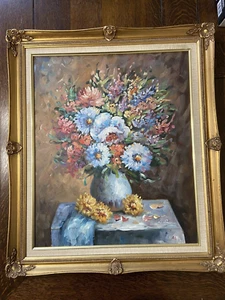 Vintage Still Life Flowers Oil Painting On Canvas Singed And Framed - Picture 1 of 5