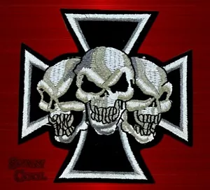 New Iron Cross 3 Skulls Flames Embroidered Motorcycle Biker Iron On Patch - Picture 1 of 3