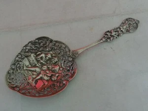 Very Fine Sterling Silver Antique Three Musician Repousse Serving Spoon - Picture 1 of 6