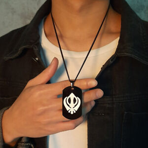 Personalized Men Necklace Pendant Link Dog Tag Indian Khanda Emblem Sikhism Gift