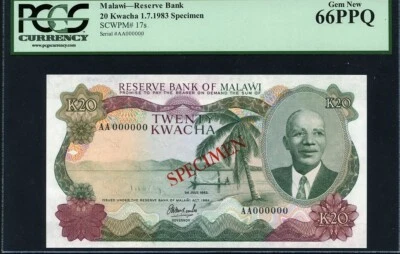 Malawi 1983 20 Kwacha P17s Specimen PCGS 66 PPQ GEM UNC - Image 1 of 2