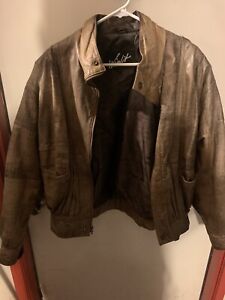 Vintage Winlit Bomber Jacket Mens Small Brown 100% Leather Zip Up Graphic Liner