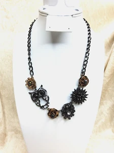 Collar vintage hecho a mano ecléctico cadena negra floral diseño búho estallido - Imagen 1 de 5