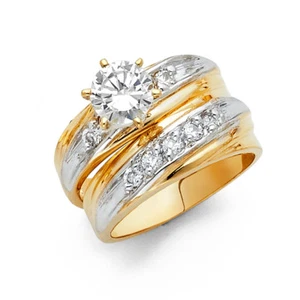 Solid 14k Yellow White Real Gold CZ Solitaire His Her Wedding Trio Set Ring Band - Picture 1 of 2