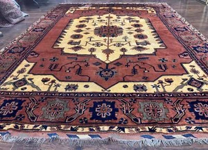 Afghan Heriz Rug 9x12 Tribal Geometric Serapi Rust Cream Navy Wool on Wool - Picture 1 of 12
