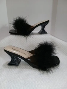 Libaijia Shoes Boudoir Slippers. Women's Sz 6.5. Black Feather/Clear Kitten Heel - Picture 1 of 17