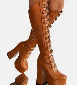 Women's Knee High Boots Straps Block Heel Side Zip Round Toe Gladiator Platform - Picture 1 of 10