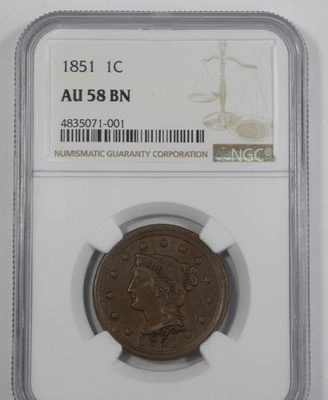1851 Braided Hair Large Cent CERTIFIED NGC AU 58 BROWN  1c - Image 1 of 4