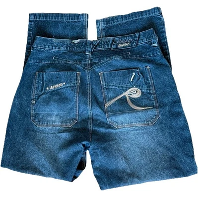 Jeans Raider Para Hombre 38X32 Sueltos Pierna Ancha Bordados Denim Azul Grunge Y2K Foto 1 de 4