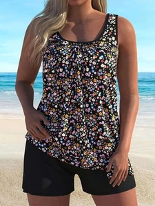 Women's plus size split floral print Tankini quick drying swimsuit set - Picture 1 of 13