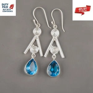 Christmas Sale 925 Silver Pear Genuine Swiss Blue Topaz Bezel Set Wife Earrings - Picture 1 of 9