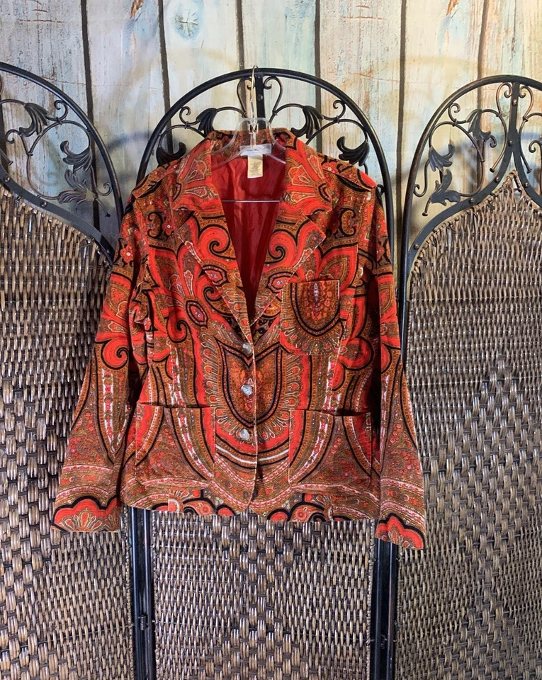 Isaac Mizrahi женщин красный/черный пейсли вельветовая куртка блейзер, с подкладкой, размер L - Изображение 1 из 4