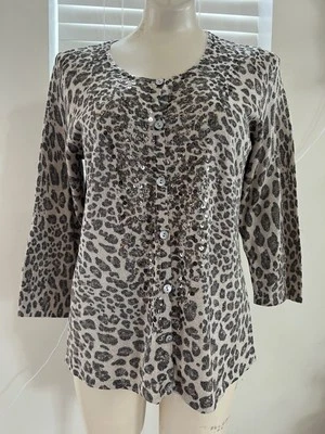 Chicos Women’s 2 Beige Cheetah Metallic 3/4 Sleeve Sequin Top VEUC - Изображение 1 из 3
