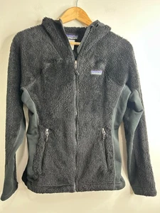 Patagonia Hooded Fleece Jacket Womens M Black Full Zip Sherpa High Pile Warm - Picture 1 of 9