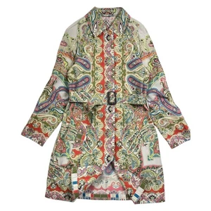 ETRO Paisley Print Nylon Single Trench Coat Belted Green Multi 42 XL F/S - Picture 1 of 14