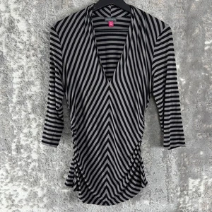 Vince Camuto Size M Striped Stretch V Neck Casual Top Black 3/4 Sleeve Shirt - Picture 1 of 7