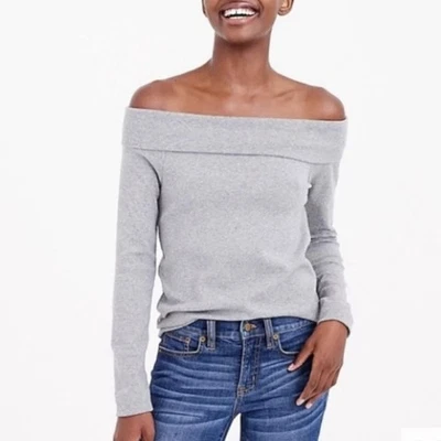 Blusa feminina J Crew refinada costela fora do ombro tamanho L cinza elástica minimalista - Imagem 1 de 4