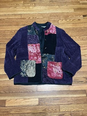 Blazer Chico's para mujer talla grande retazos floral púrpura tejido chaqueta con botones Foto 1 de 4
